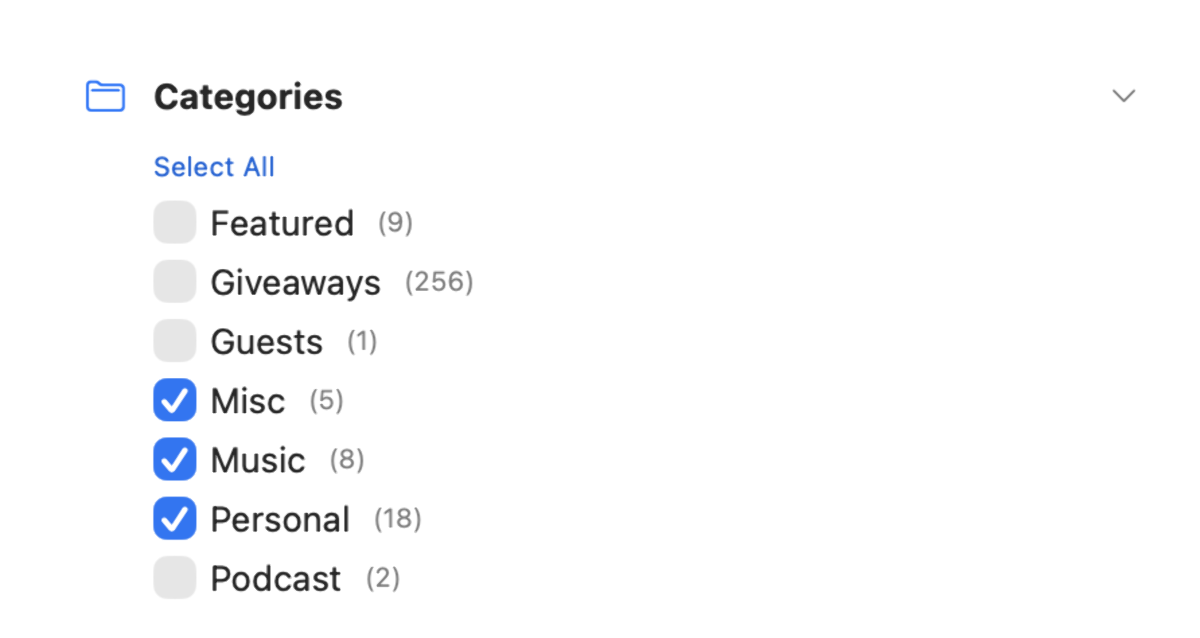 Categories: select which categories to include in the export BlogBook filtering screen Categories section with checkboxes and post counts