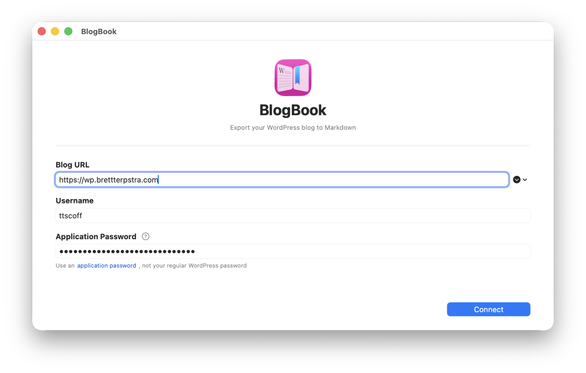 Credentials screen: enter blog URL, detect platform, and enter credentials Credentials screen: enter blog URL, detect platform, and enter credentials