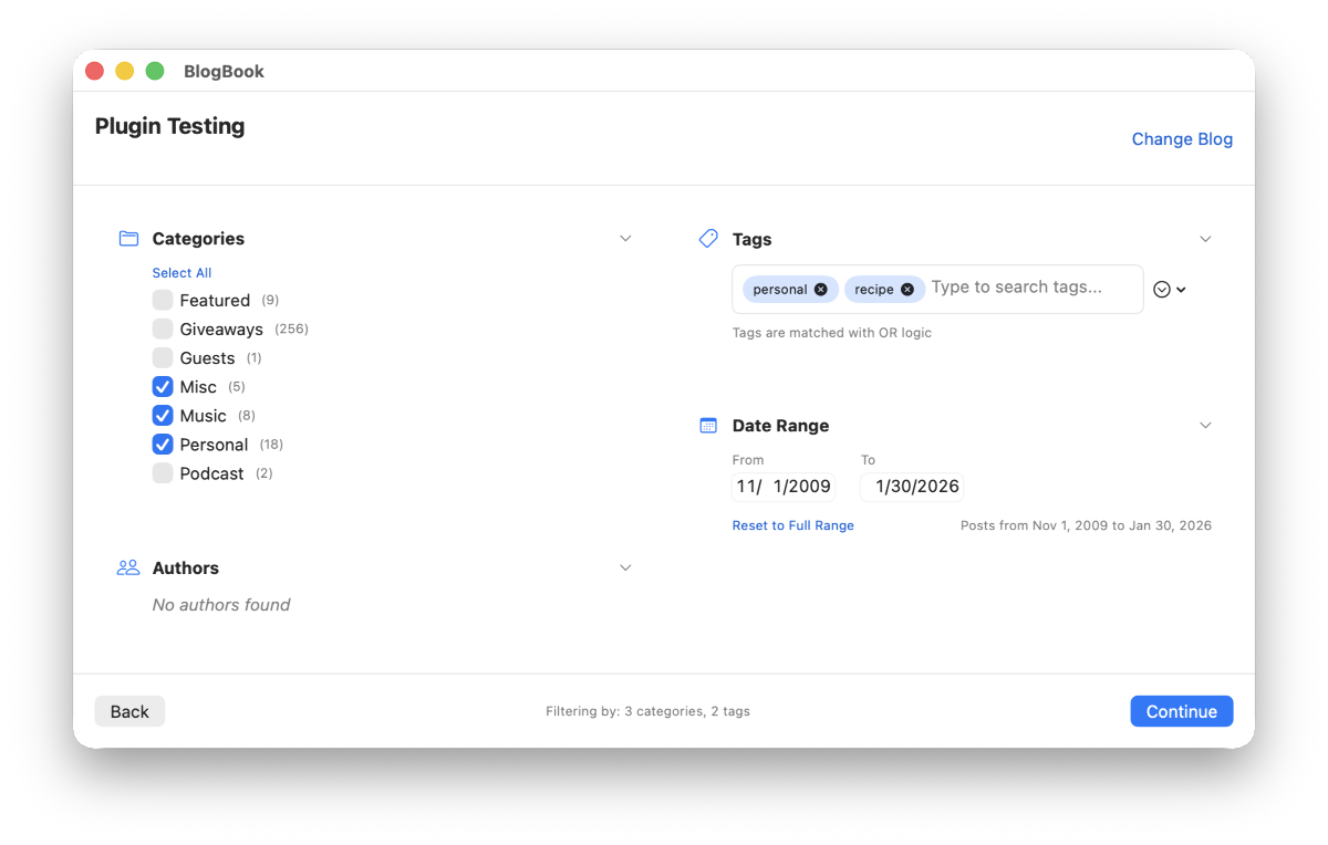 Filtering screen: choose what to export BlogBook filtering screen with Categories, Authors, Tags, and Date range sections