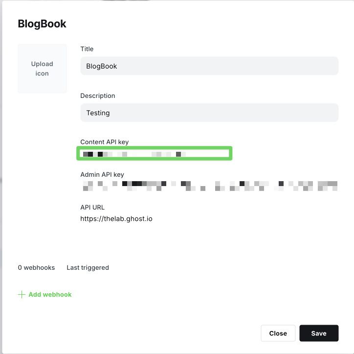 Ghost integration detail panel showing the Content API key field