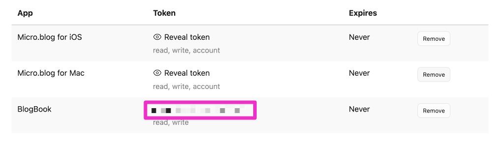 Micro.blog App tokens page showing newly generated token with Copy button