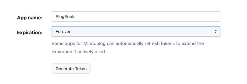 Create a new Micro.blog app token Micro.blog App tokens page showing New Token form