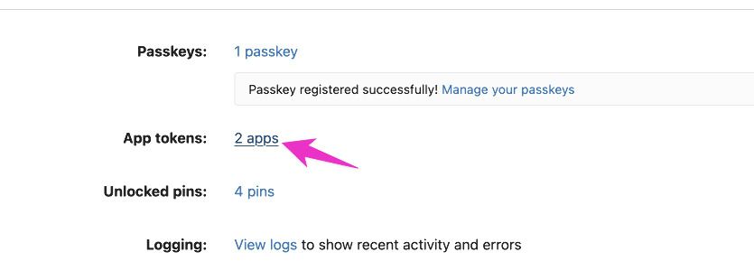 Micro.blog account menu with App tokens option highlighted