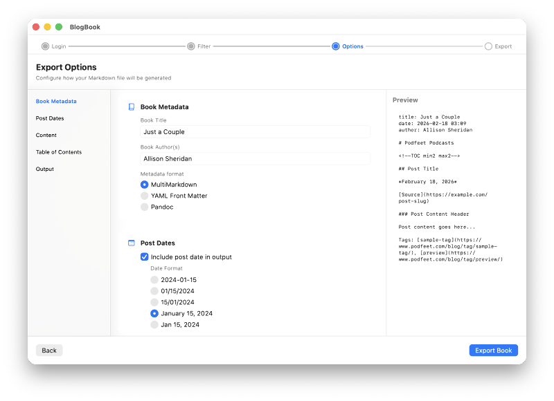 Metadata and Post Dates BlogBook Export Options: Metadata and Post Dates sections