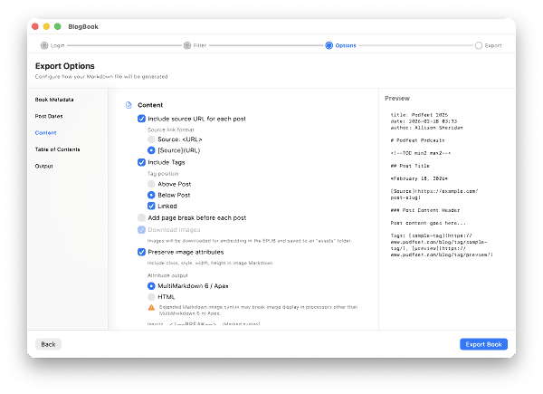 Content options BlogBook Export Options: Content section with source URL, tags, images, and preserve image attributes
