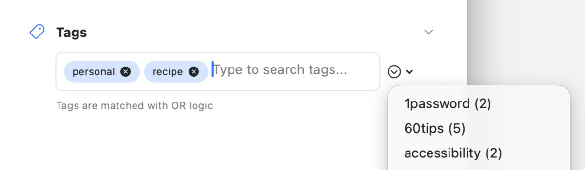 Tags: search and select tags; matching is OR BlogBook Tags filter with token chips and search field